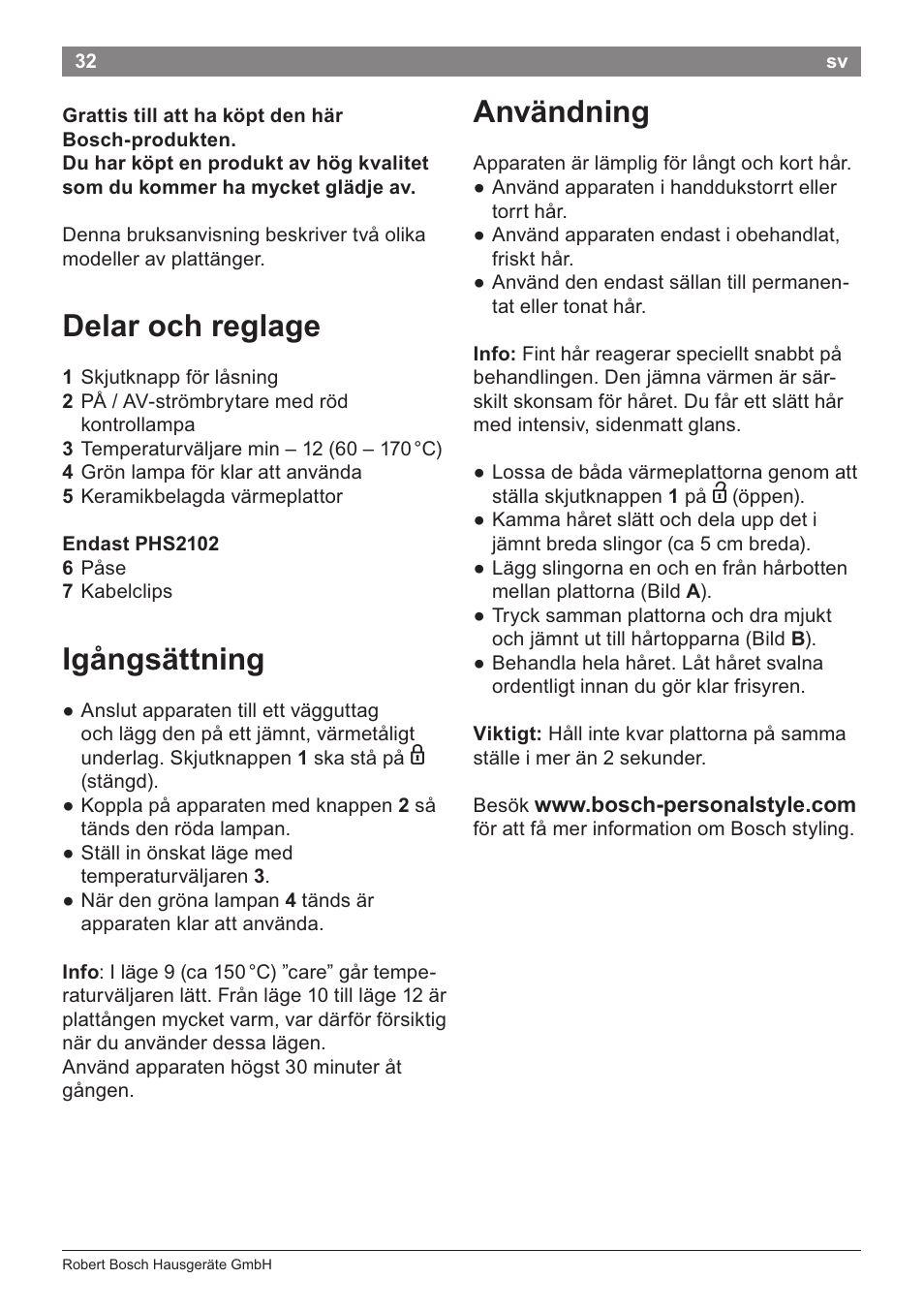 Delar och reglage, Igängsättning, Användning | Bosch PHS2105 Haarglätter beautixx creative User Manual | Page 34 / 84