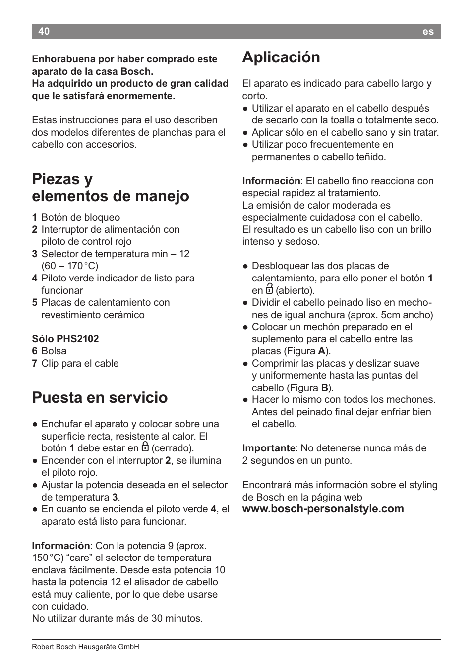 Piezas y, Elementos de manejo, Puesta en servicio | Aplicación, Piezas y elementos de manejo | Bosch PHS2105 Haarglätter beautixx creative User Manual | Page 42 / 84