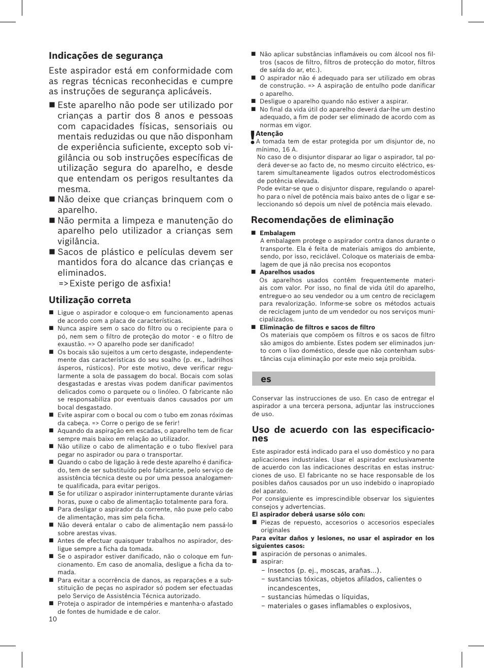 Indicações de segurança, Utilização correta, Uso de acuerdo con las especificacio- nes | Recomendações de eliminação | Bosch logo Bodenstaubsauger mit Staubbeutel BSG62200 samoablau-metallic User Manual | Page 19 / 42