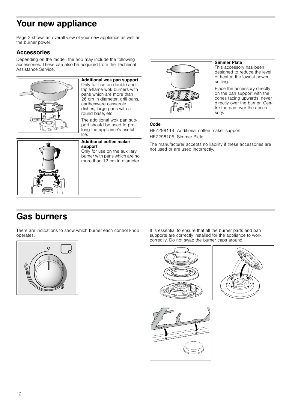 Your new appliance, Accessories, Code | Gas burners, Accessories gas burners | Bosch PRS926B70E Gas-Kochstelle Glaskeramik 90 cm User Manual | Page 12 / 52