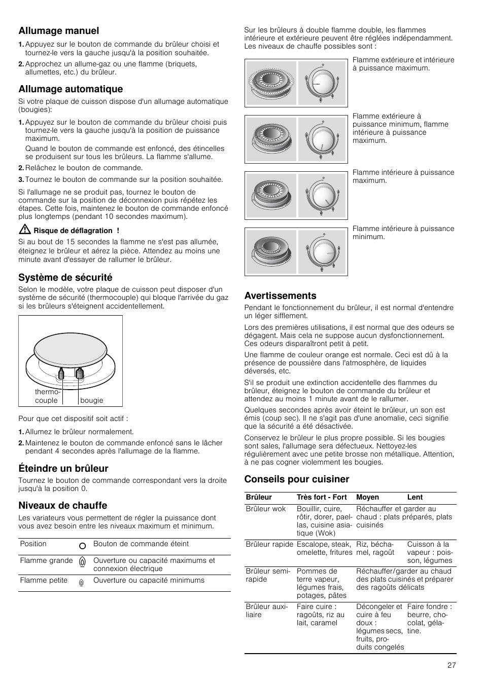 Allumage manuel, Allumage automatique, Relâchez le bouton de commande | Risque de déflagration, Système de sécurité, Allumez le brûleur normalement, Éteindre un brûleur, Niveaux de chauffe, Avertissements, Conseils pour cuisiner | Bosch PRS926B70E Gas-Kochstelle Glaskeramik 90 cm User Manual | Page 27 / 52
