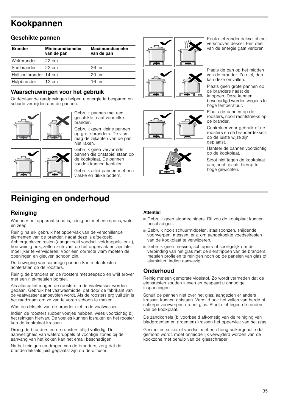 Kookpannen, Geschikte pannen, Waarschuwingen voor het gebruik | Reiniging en onderhoud, Reiniging, Attentie, Onderhoud, Geschikte pannen waarschuwingen voor het gebruik | Bosch PRS926B70E Gas-Kochstelle Glaskeramik 90 cm User Manual | Page 35 / 52