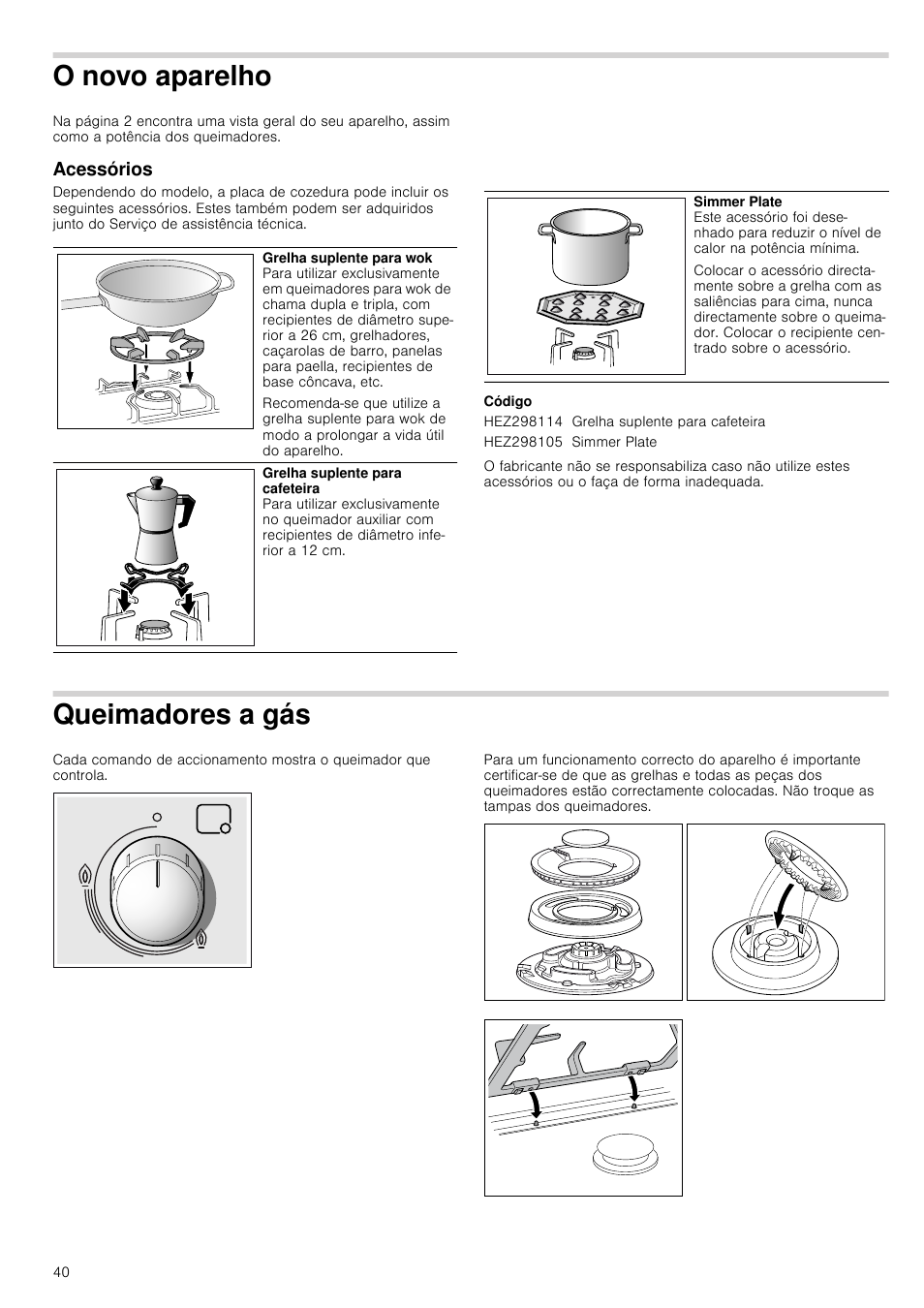 O novo aparelho, Acessórios, Código | Queimadores a gás | Bosch PRS926B70E Gas-Kochstelle Glaskeramik 90 cm User Manual | Page 40 / 52