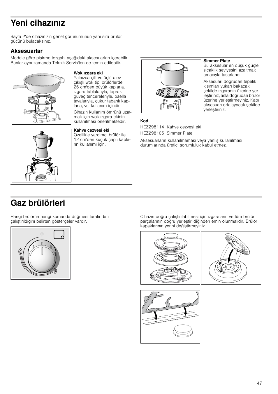 Yeni cihazınız, Aksesuarlar, Gaz brülörleri | Z aksesuarlar | Bosch PRS926B70E Gas-Kochstelle Glaskeramik 90 cm User Manual | Page 47 / 52