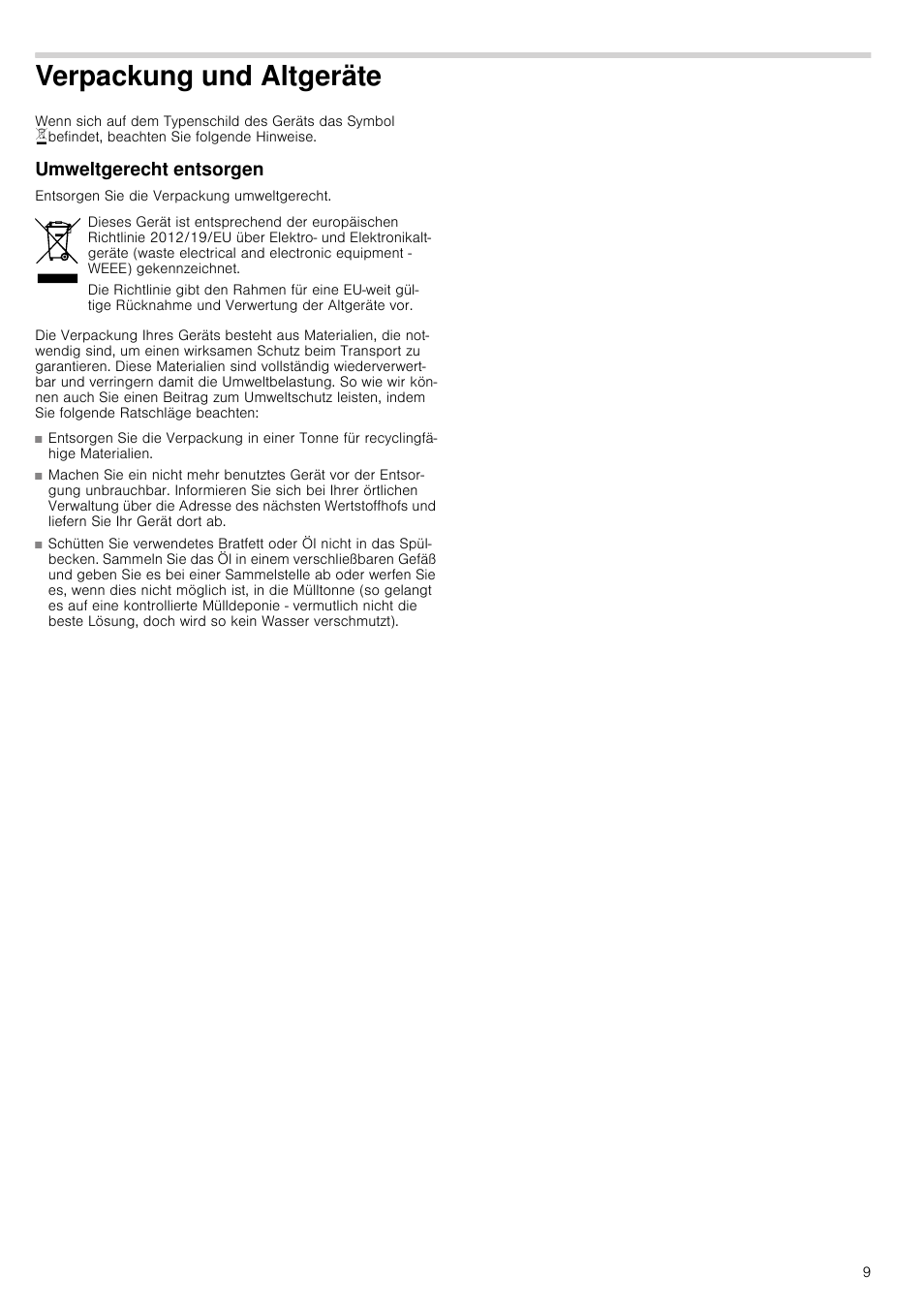 Verpackung und altgeräte, Umweltgerecht entsorgen | Bosch PRS926B70E Gas-Kochstelle Glaskeramik 90 cm User Manual | Page 9 / 52