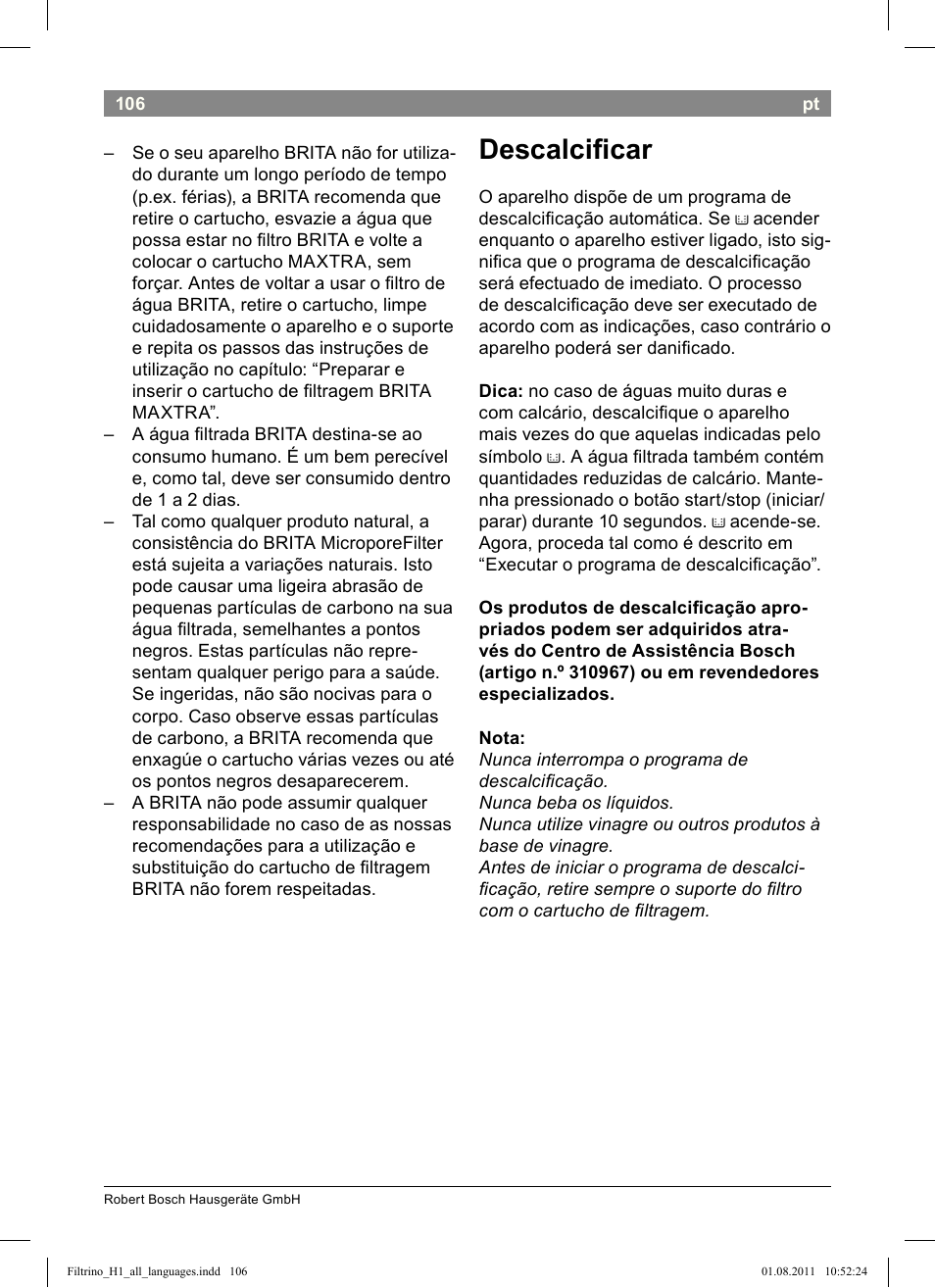 Descalciicar | Bosch THD2023 Heißwasserspender Filtrino FastCup User Manual | Page 106 / 154