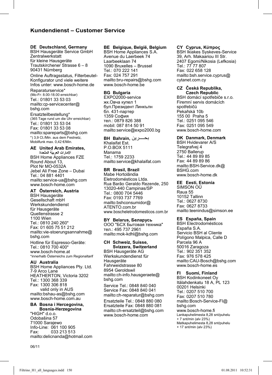 Kundendienst – customer service | Bosch THD2023 Heißwasserspender Filtrino FastCup User Manual | Page 150 / 154
