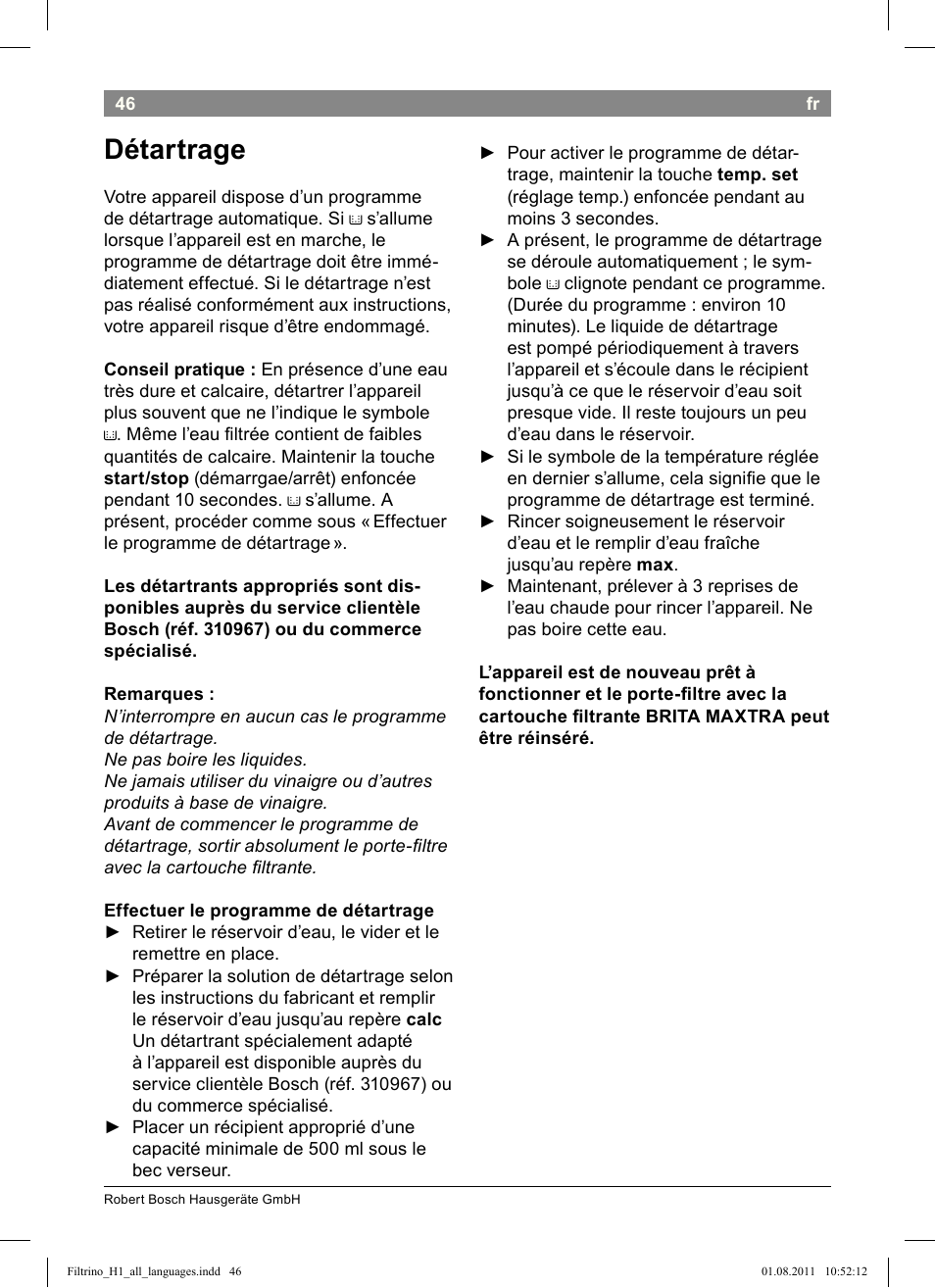 Détartrage | Bosch THD2023 Heißwasserspender Filtrino FastCup User Manual | Page 46 / 154