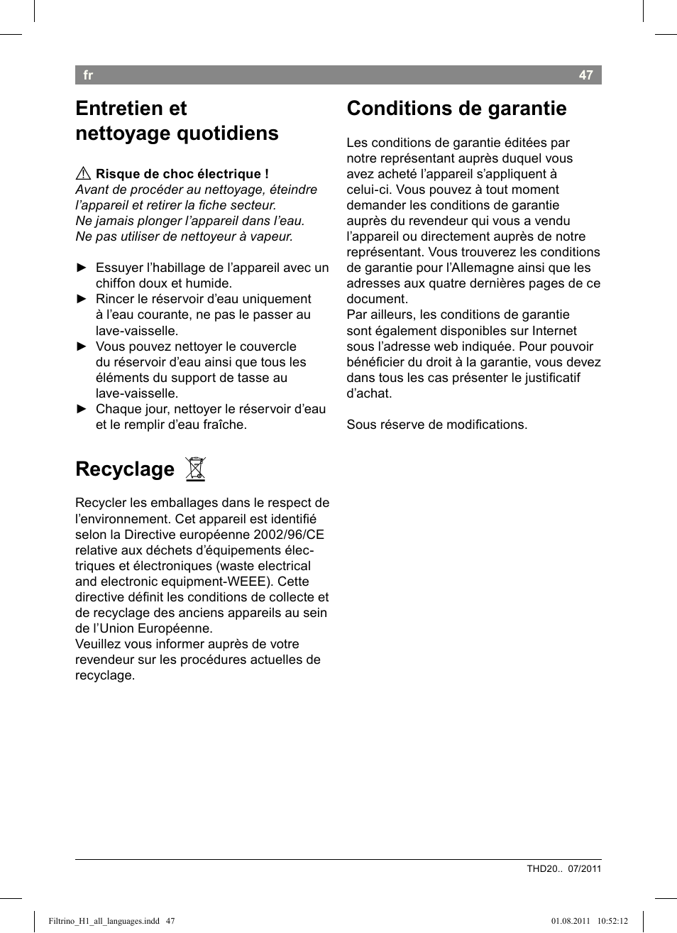 Entretien et nettoyage quotidiens, Recyclage, Conditions de garantie | Bosch THD2023 Heißwasserspender Filtrino FastCup User Manual | Page 47 / 154