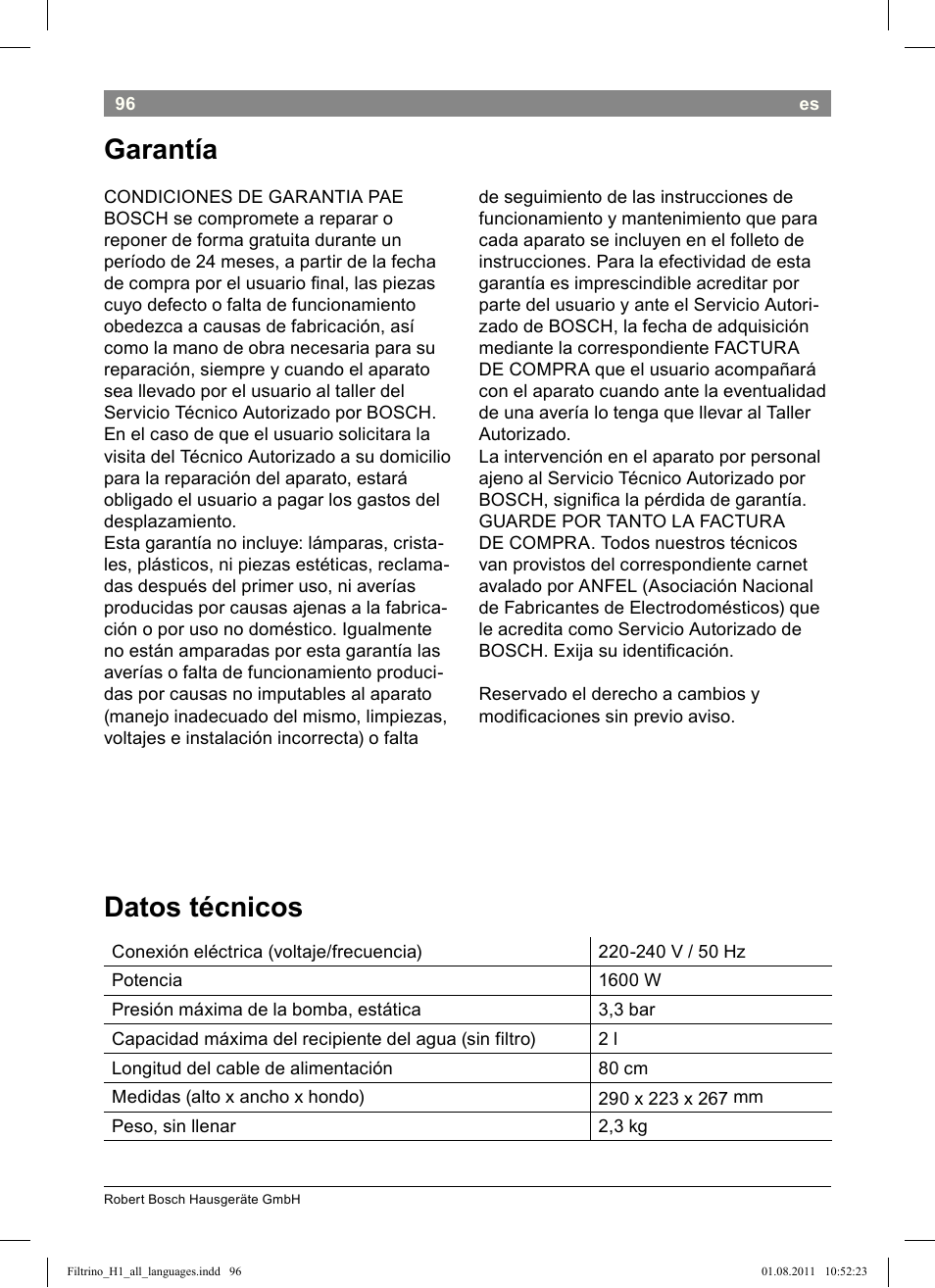 Garantía, Datos técnicos | Bosch THD2023 Heißwasserspender Filtrino FastCup User Manual | Page 96 / 154