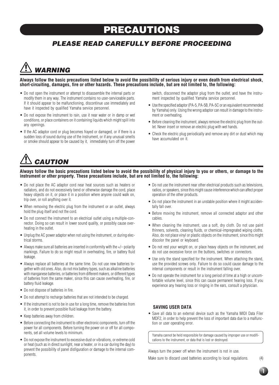 Precautions, Please read carefully before proceeding, Caution | Warning | Yamaha PSR-330 User Manual | Page 3 / 90