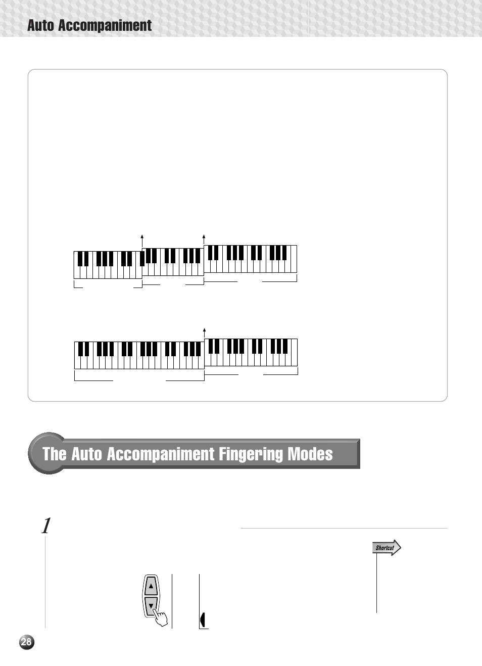 The auto accompaniment fingering modes, Interaction between the auto accompaniment, And split voice split points | Auto accompaniment, Select the fingering mode function | Yamaha PSR-330 User Manual | Page 30 / 90