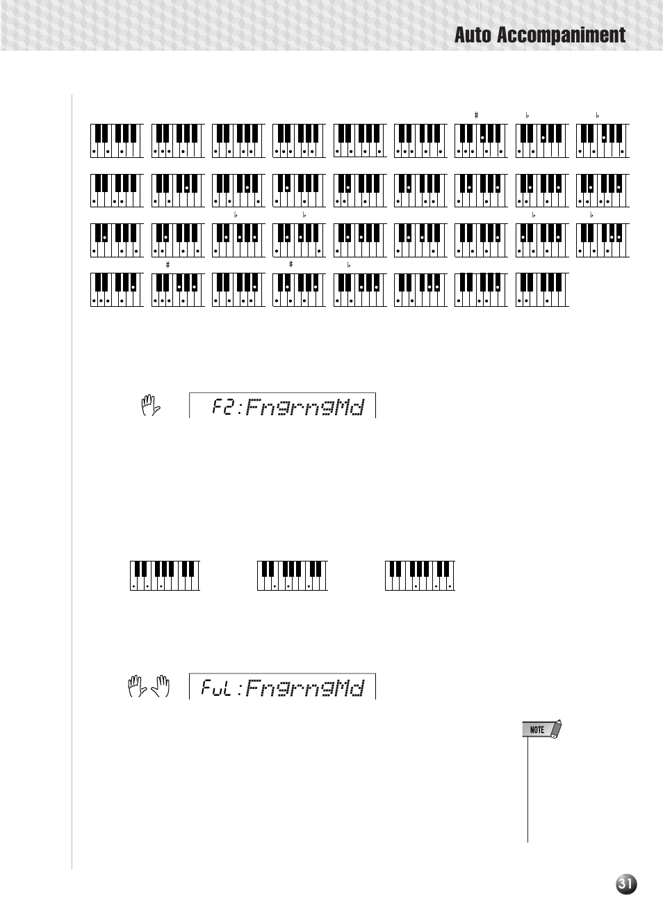 Auto accompaniment, Fngrngmd, F2: the fingered 2 mode | Ful: the full keyboard mode, Example for “c” chords | Yamaha PSR-330 User Manual | Page 33 / 90