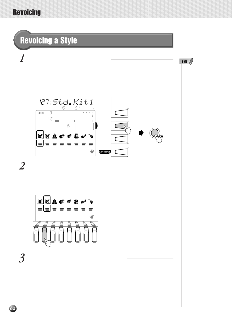 Revoicing a style, Revoicing, Std.kit1 | Select the style revoice mode, If necessary select a track to revoice, Select and edit the revoice parameters | Yamaha PSR-330 User Manual | Page 62 / 90