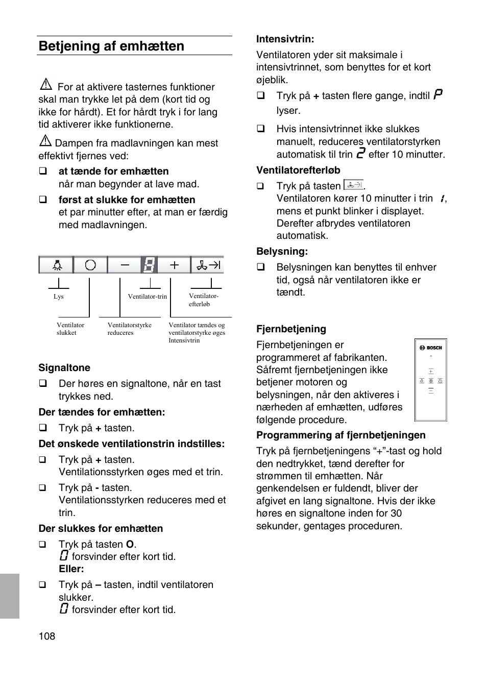 Betjening af emhætten | Bosch DID09T950 Edelstahl 90 cm breit Deckenlüftung User Manual | Page 108 / 124