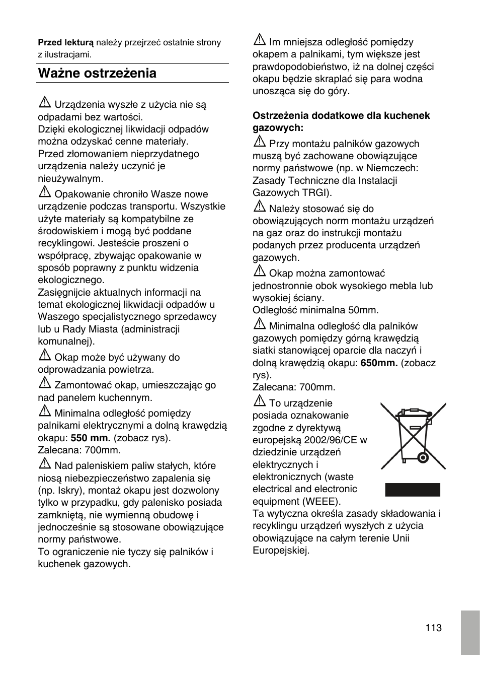 Ważne ostrzeżenia | Bosch DID09T950 Edelstahl 90 cm breit Deckenlüftung User Manual | Page 113 / 124