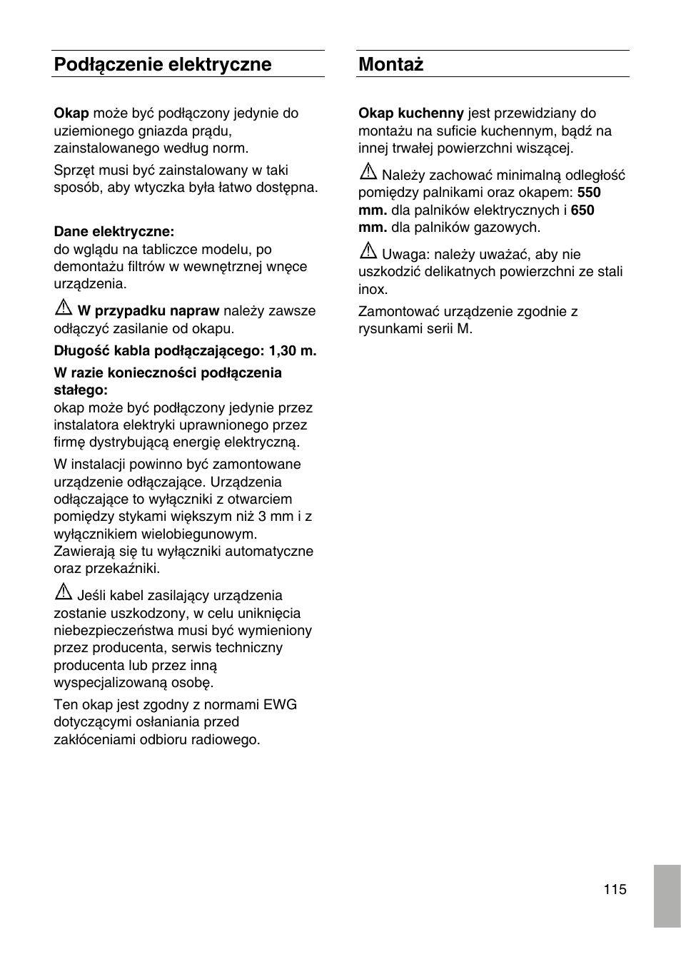 Podłączenie elektryczne, Montaż | Bosch DID09T950 Edelstahl 90 cm breit Deckenlüftung User Manual | Page 115 / 124