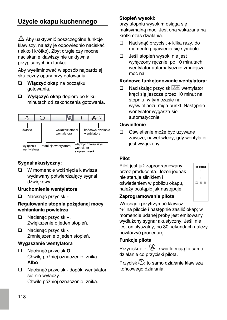 Użycie okapu kuchennego | Bosch DID09T950 Edelstahl 90 cm breit Deckenlüftung User Manual | Page 118 / 124