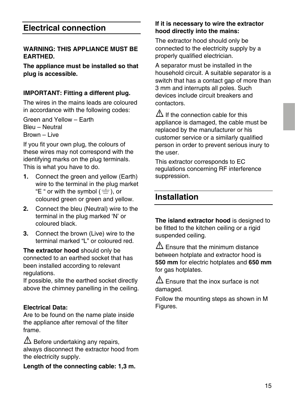 Electrical connection, Installation | Bosch DID09T950 Edelstahl 90 cm breit Deckenlüftung User Manual | Page 15 / 124