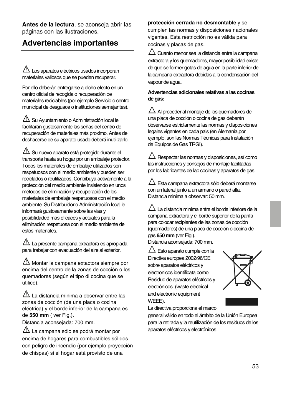 Advertencias importantes | Bosch DID09T950 Edelstahl 90 cm breit Deckenlüftung User Manual | Page 53 / 124