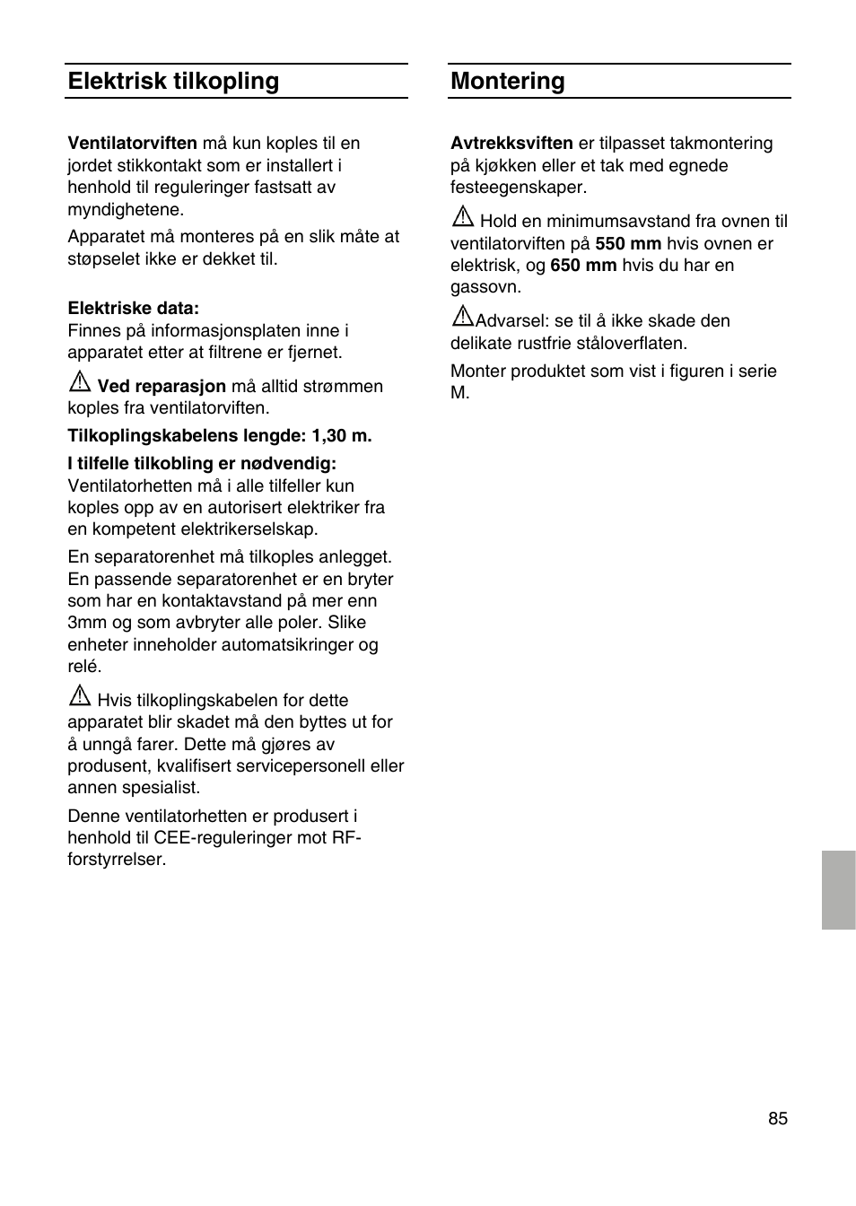 Elektrisk tilkopling, Montering | Bosch DID09T950 Edelstahl 90 cm breit Deckenlüftung User Manual | Page 85 / 124