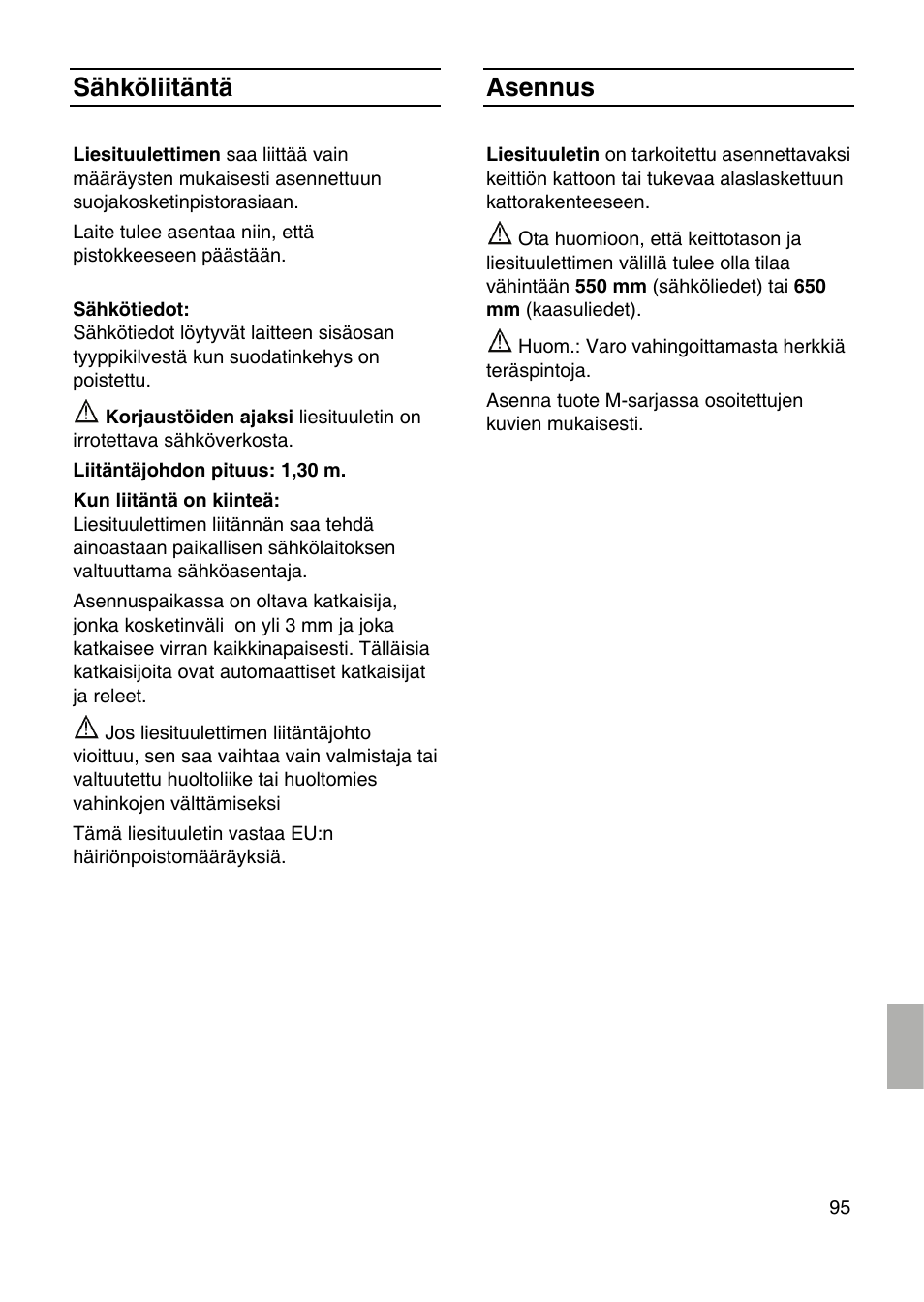 Sähköliitäntä, Asennus | Bosch DID09T950 Edelstahl 90 cm breit Deckenlüftung User Manual | Page 95 / 124