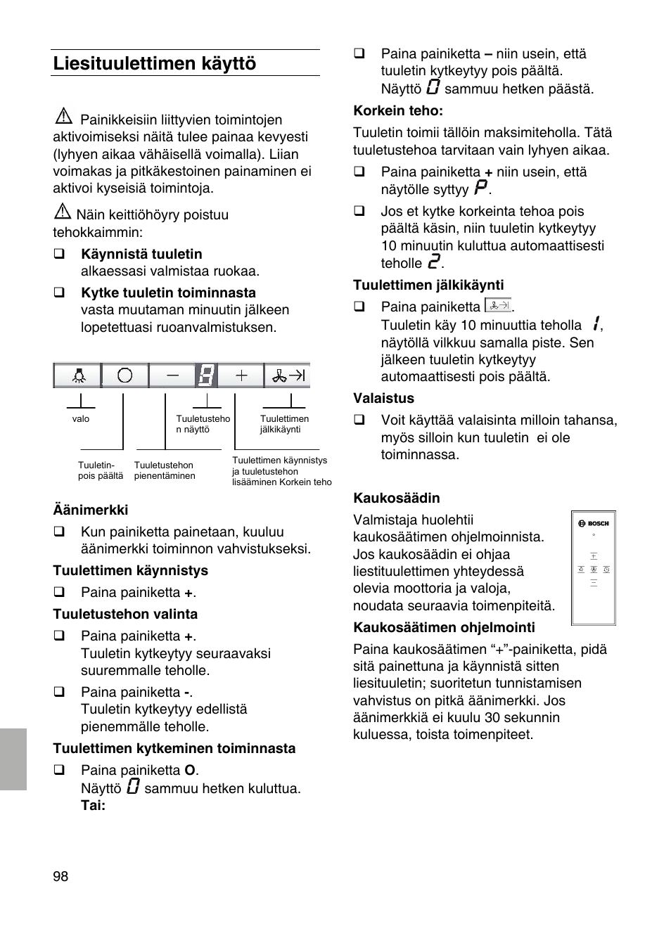 Liesituulettimen käyttö | Bosch DID09T950 Edelstahl 90 cm breit Deckenlüftung User Manual | Page 98 / 124