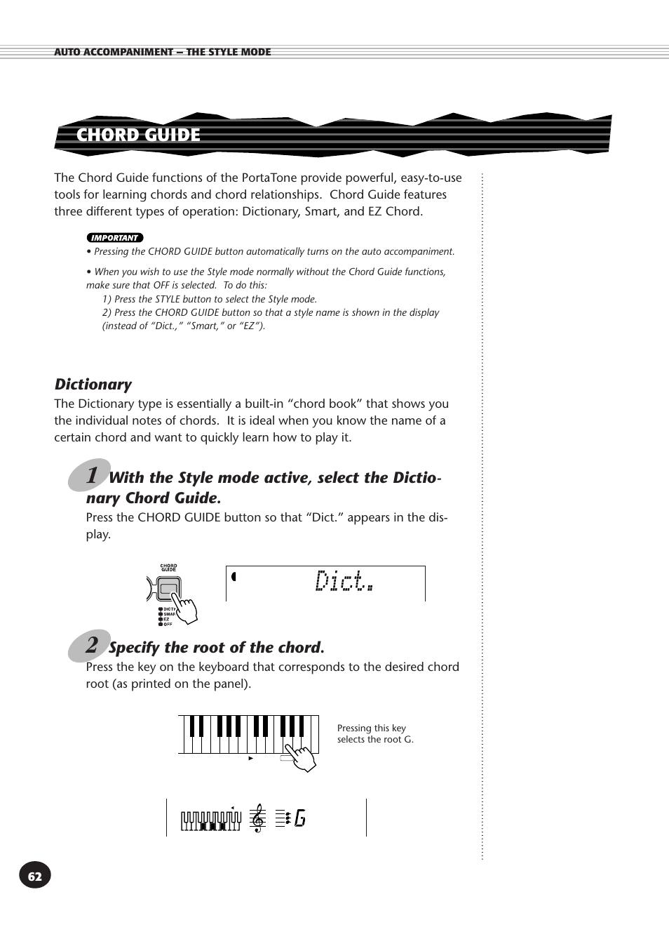 Chord guide, Dictionary, Dict | Specify the root of the chord | Yamaha PSR-340 User Manual | Page 62 / 128