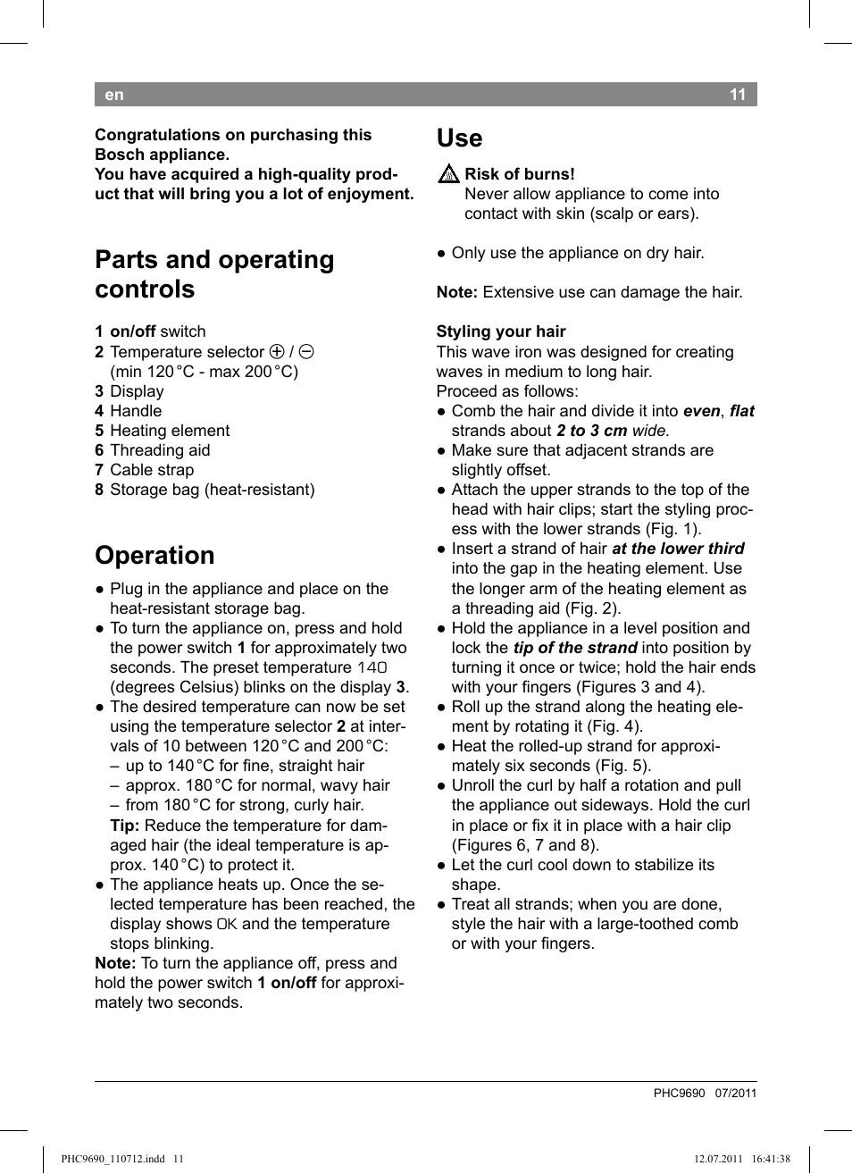 Parts and operating controls, Operation | Bosch PHC9690 Lockenformer ProSalon G-curler User Manual | Page 15 / 120