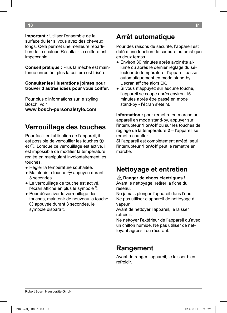 Verrouillage des touches, Arrêt automatique, Nettoyage et entretien | Rangement | Bosch PHC9690 Lockenformer ProSalon G-curler User Manual | Page 22 / 120