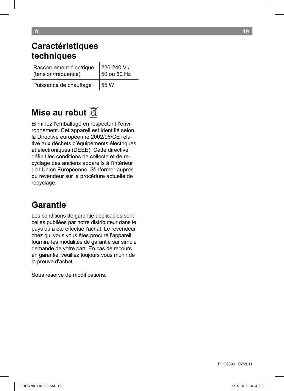 Caractéristiques techniques, Mise au rebut, Garantie | Bosch PHC9690 Lockenformer ProSalon G-curler User Manual | Page 23 / 120