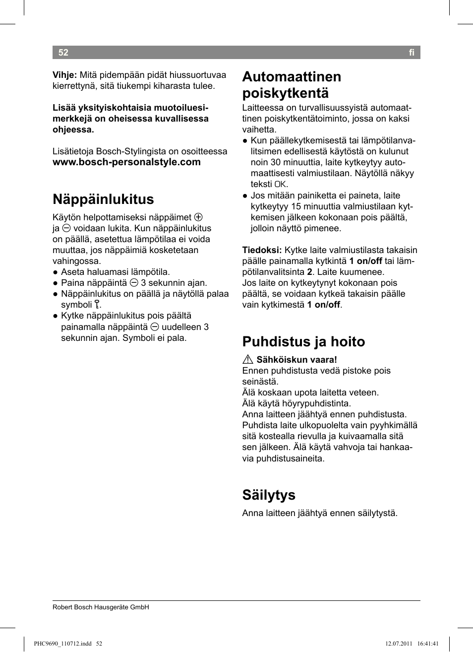 Näppäinlukitus, Automaattinen poiskytkentä, Puhdistus ja hoito | Säilytys | Bosch PHC9690 Lockenformer ProSalon G-curler User Manual | Page 56 / 120
