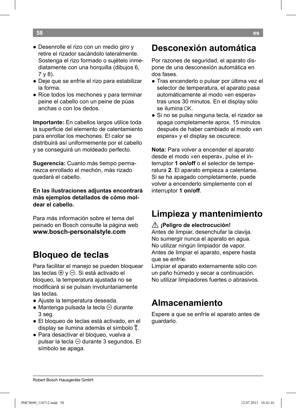 Bloqueo de teclas, Desconexión automática, Limpieza y mantenimiento | Almacenamiento | Bosch PHC9690 Lockenformer ProSalon G-curler User Manual | Page 62 / 120