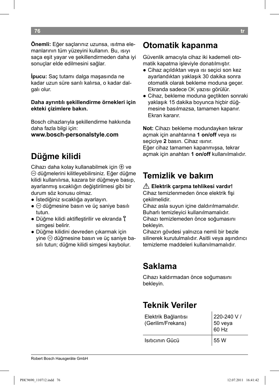 Düğme kilidi, Otomatik kapanma, Temizlik ve bakım | Saklama, Teknik veriler | Bosch PHC9690 Lockenformer ProSalon G-curler User Manual | Page 80 / 120