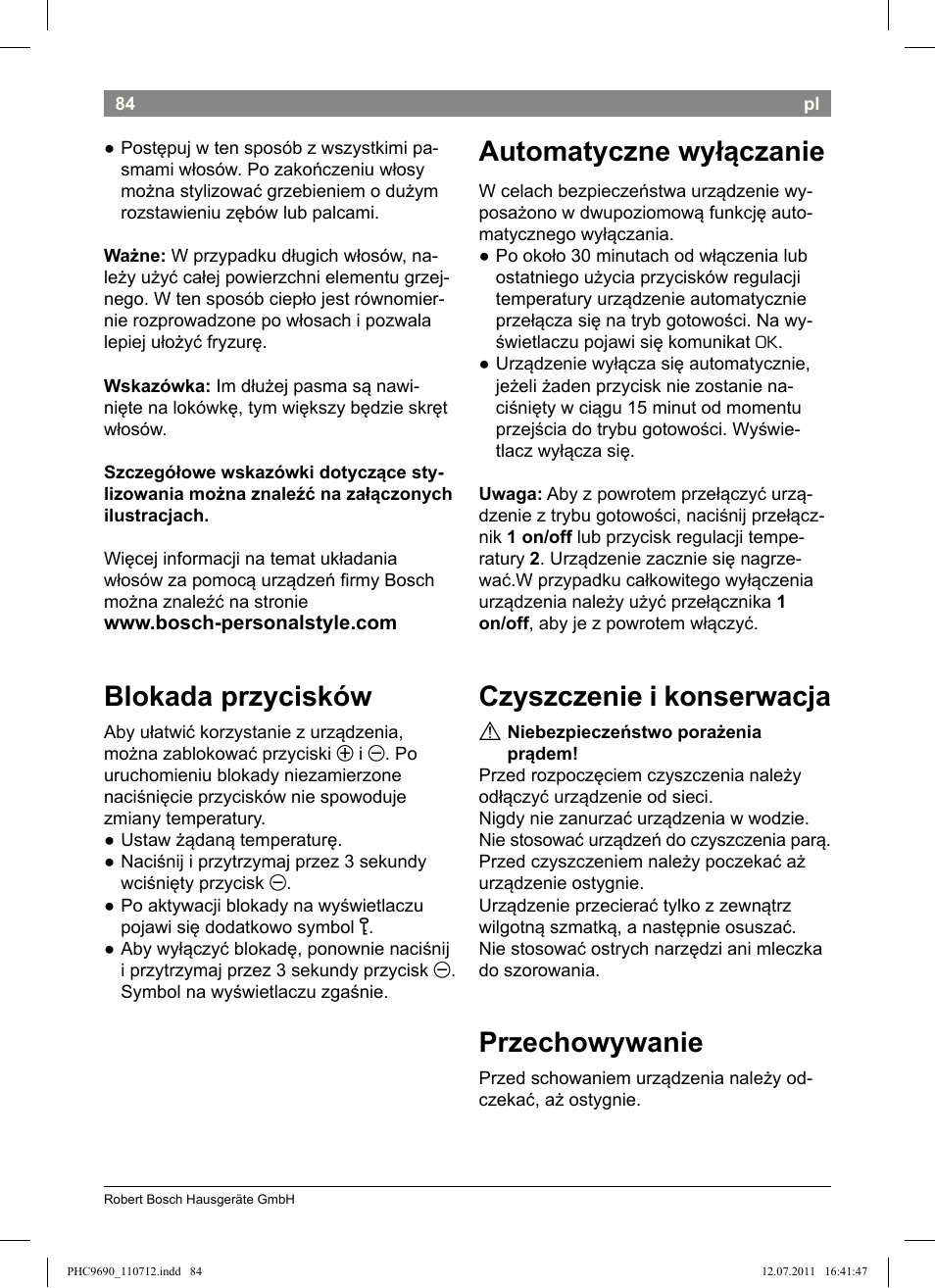 Blokada przycisków, Automatyczne wyłączanie, Czyszczenie i konserwacja | Przechowywanie | Bosch PHC9690 Lockenformer ProSalon G-curler User Manual | Page 88 / 120