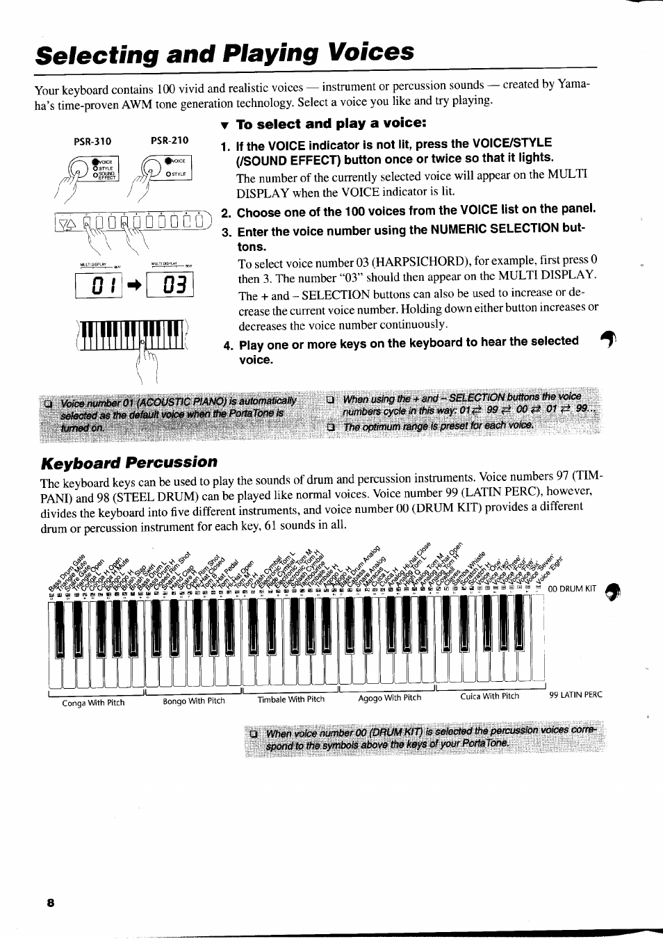 Selecting and playing voices, T to select and play a voice, Keyboard percussion | Yamaha PSR-310  EN User Manual | Page 10 / 40