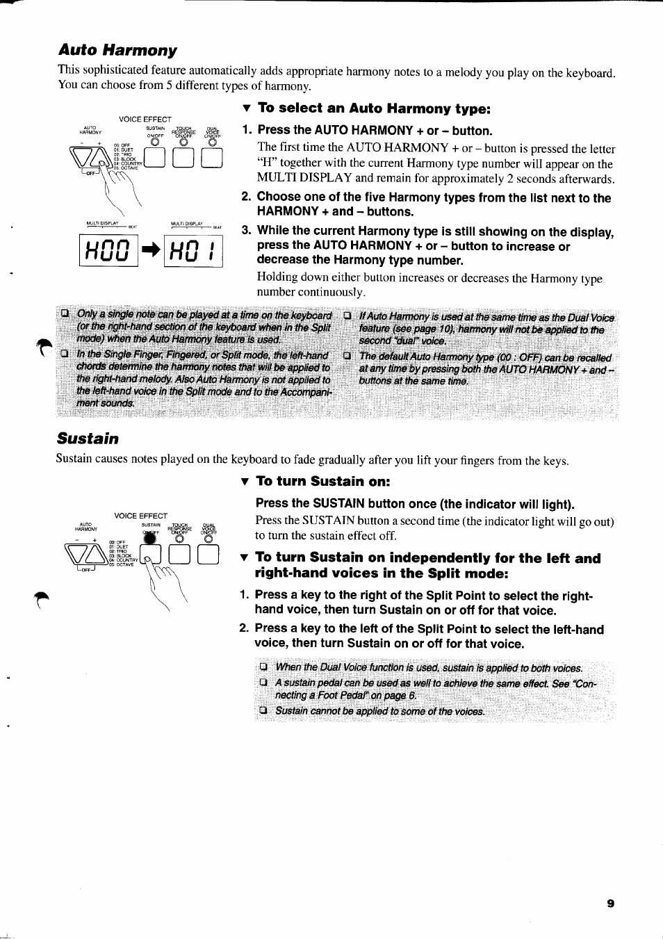 Auto harmony, T to select an auto harmony type, Sustain | T to turn sustain on | Yamaha PSR-310  EN User Manual | Page 11 / 40