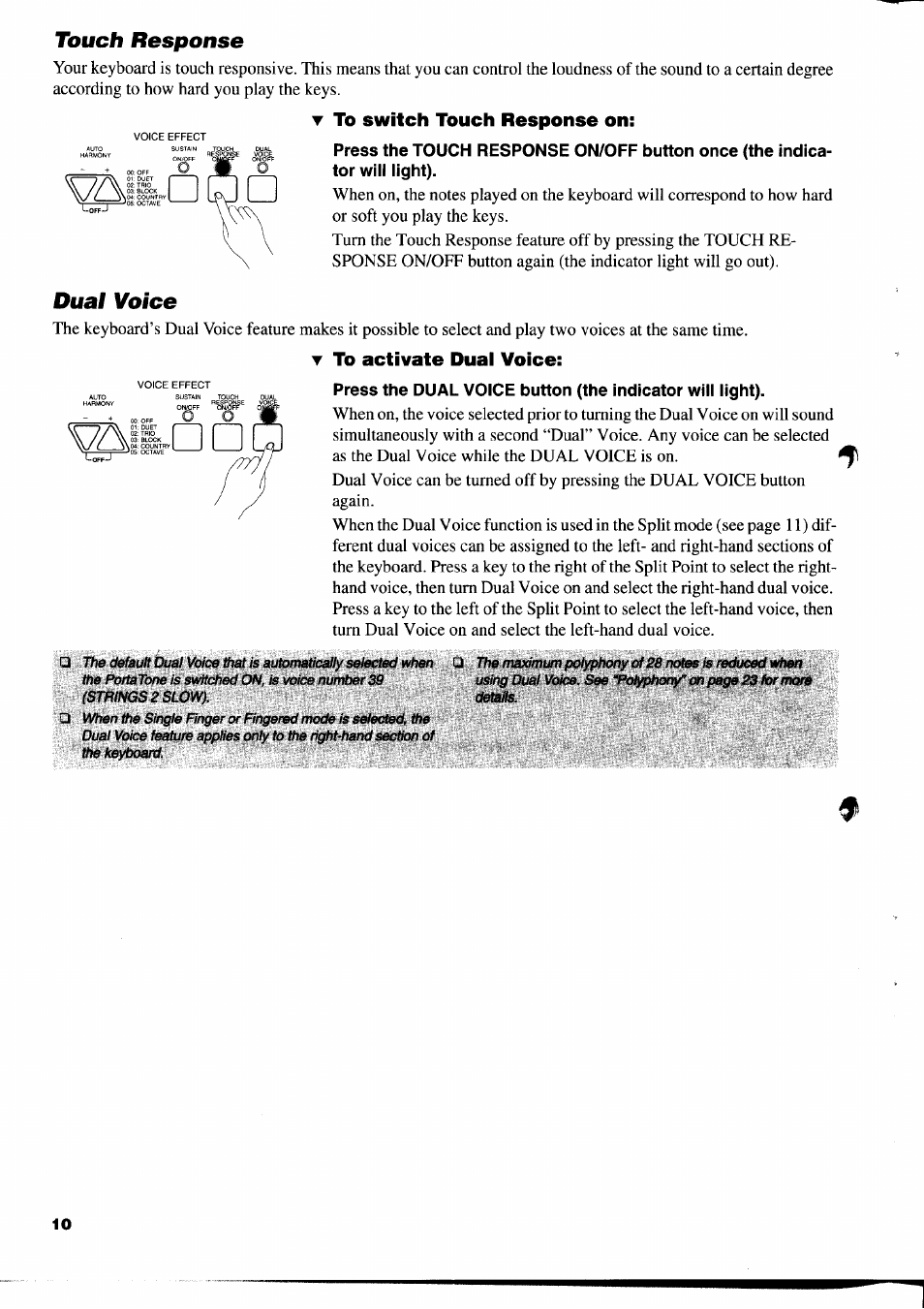 Touch response, T to switch touch response on, Dual voice | T to activate dual voice | Yamaha PSR-310  EN User Manual | Page 12 / 40