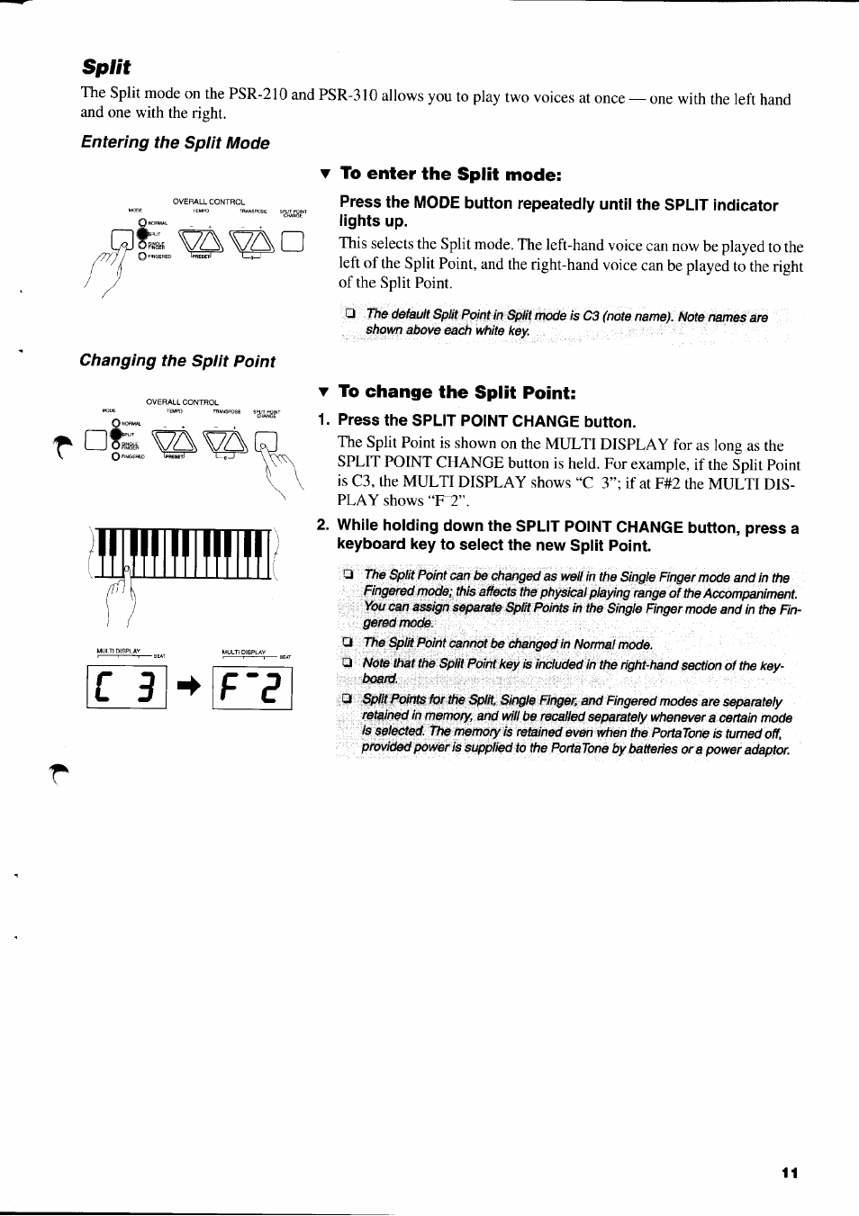 Split, To enter the split mode, T to change the split point | 1, press the split point change button, Fc. mmd, Fc mm, Entering the split mode, Changing the split point | Yamaha PSR-310  EN User Manual | Page 13 / 40