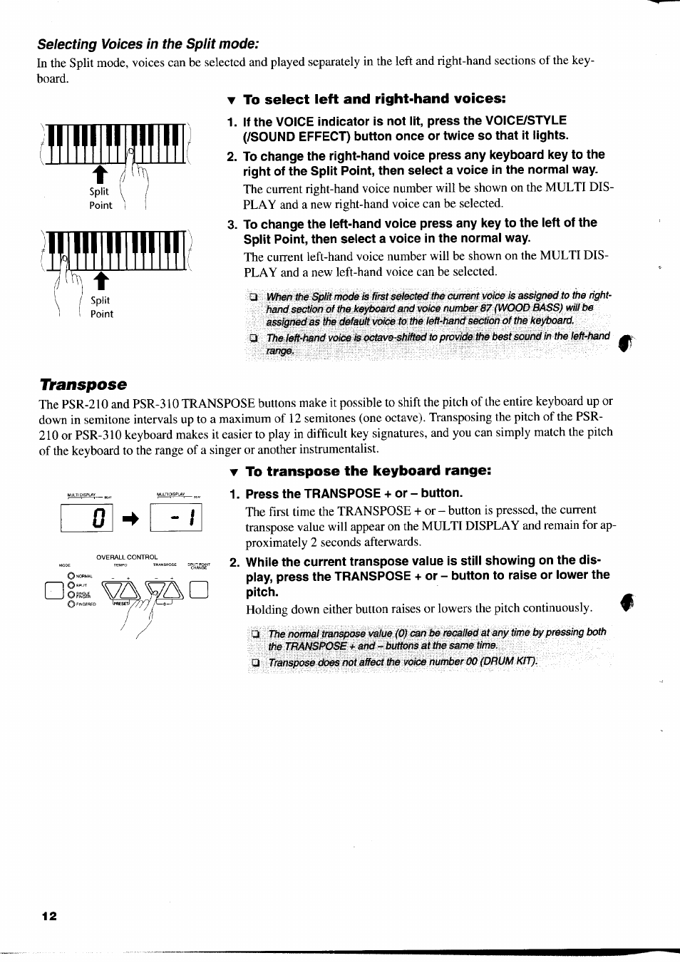 T to select left and right-hand voices, Transpose, To transpose the keyboard range | Yamaha PSR-310  EN User Manual | Page 14 / 40