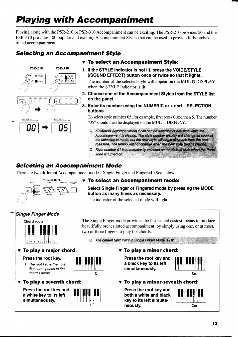 Playing with accompaniment, Selecting an accompaniment style, T to select an accompaniment style | Selecting an accompaniment mode, T to select an accompaniment mode, T to play a seventh chord | Yamaha PSR-310  EN User Manual | Page 15 / 40