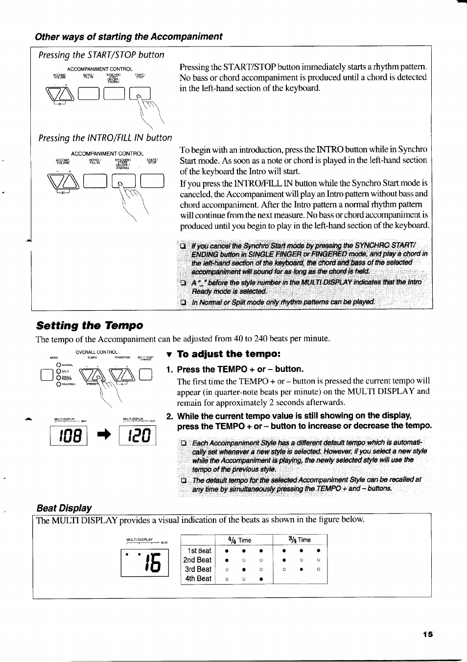 Setting the tempo, To adjust the tempo, Press the tempo + or - button | Yamaha PSR-310  EN User Manual | Page 17 / 40