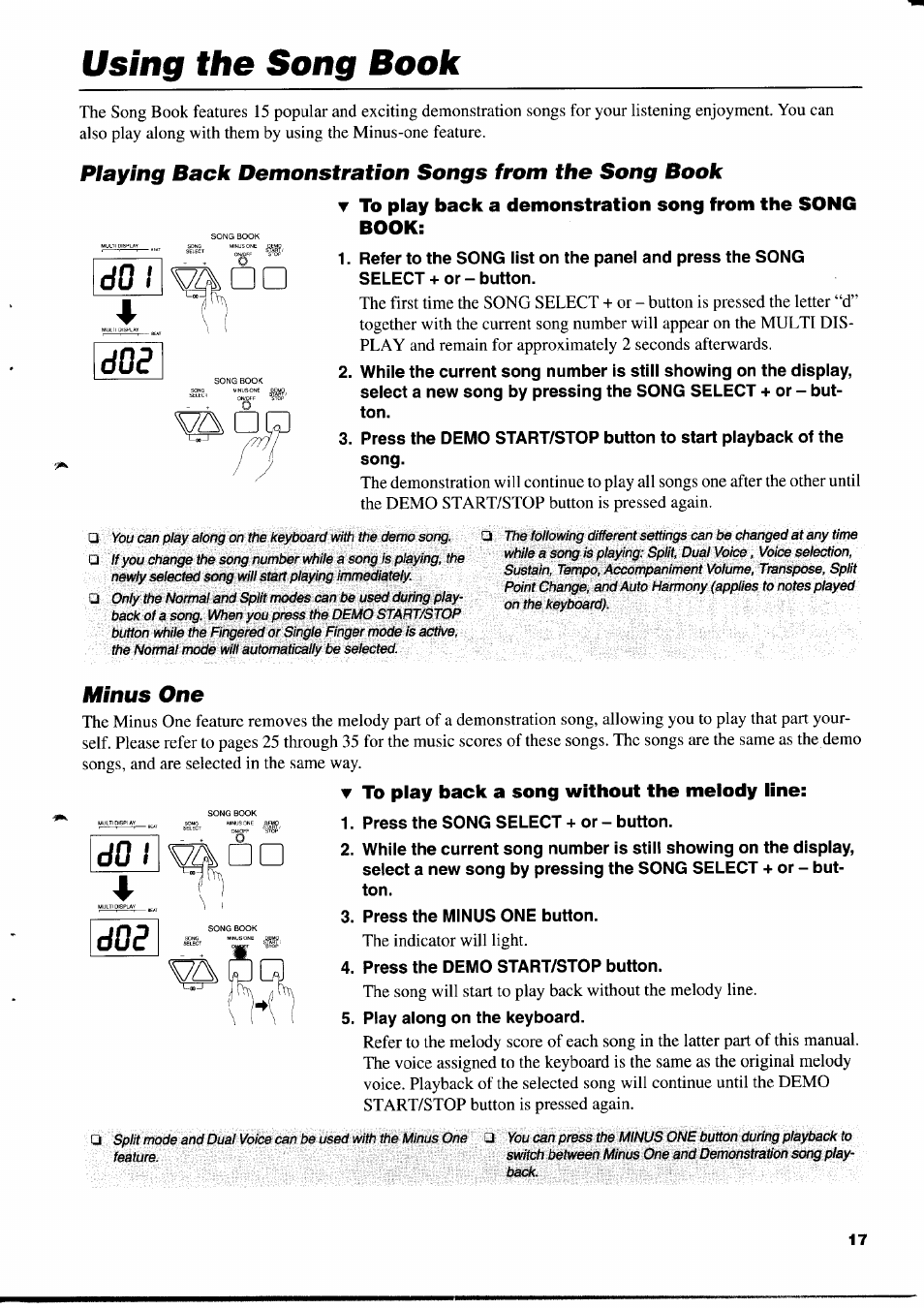 Using the song book, T to play back a demonstration song from the song, Book | Minus one, To play back a song without the melody line, The song book | Yamaha PSR-310  EN User Manual | Page 19 / 40