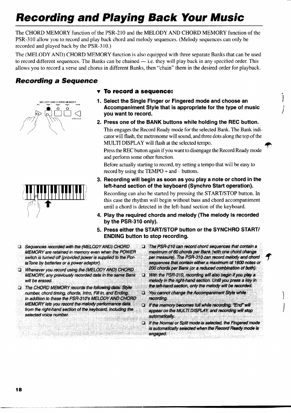 Recording and playing back your music, Recording a sequence, To record a sequence | Yamaha PSR-310  EN User Manual | Page 20 / 40