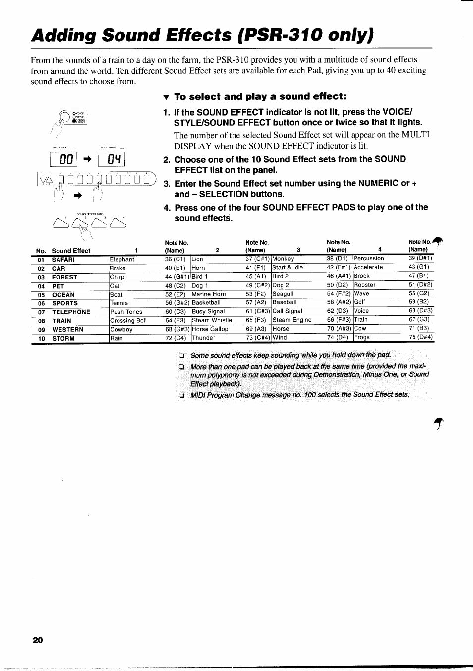 Adding sound effects (psr-310 only), T to select and play a sound effect, And - selection buttons | Yamaha PSR-310  EN User Manual | Page 22 / 40