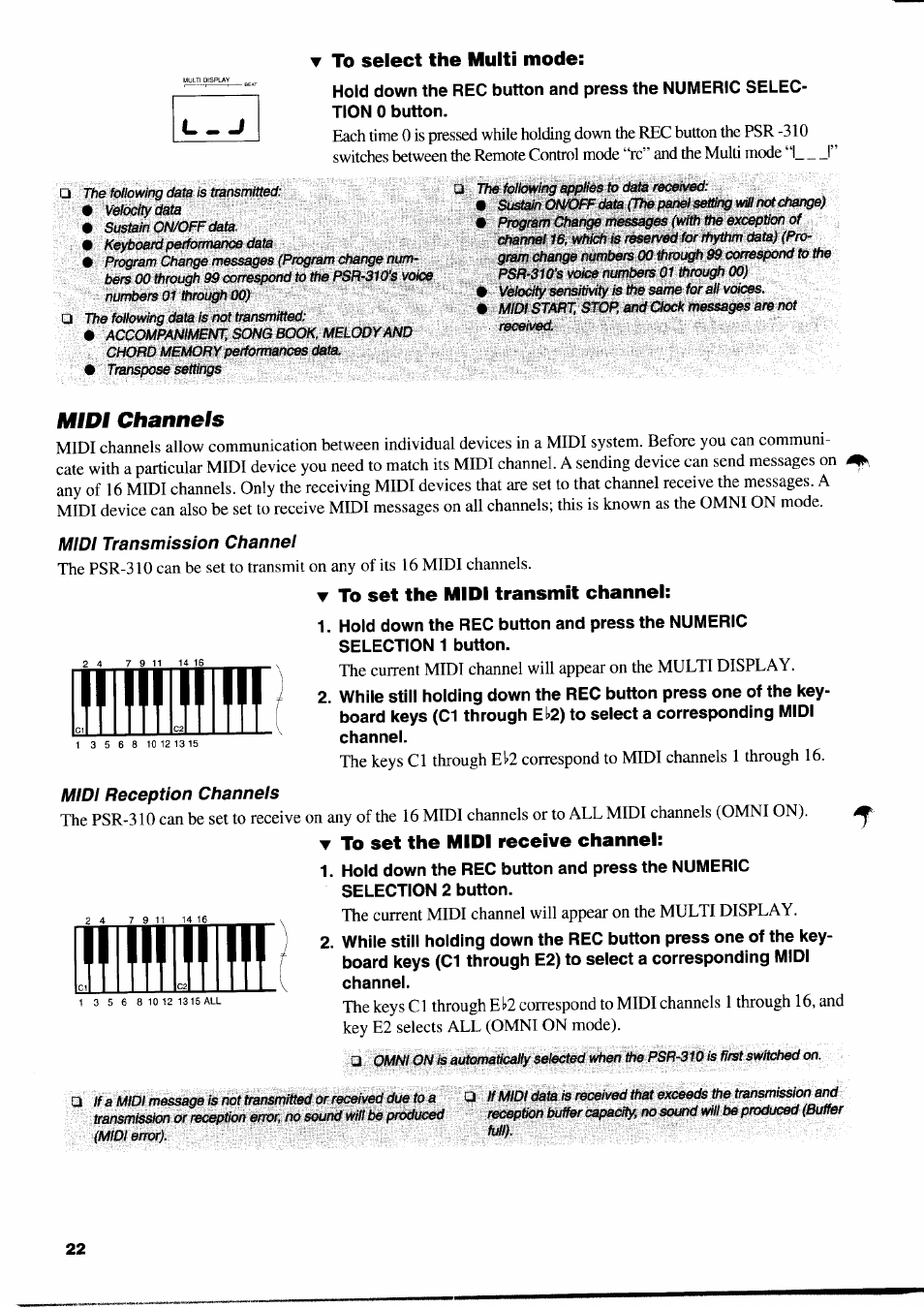 T to select the multi mode, Midi channels, To set the midi transmit channel | T to set the midi receive channel | Yamaha PSR-310  EN User Manual | Page 24 / 40