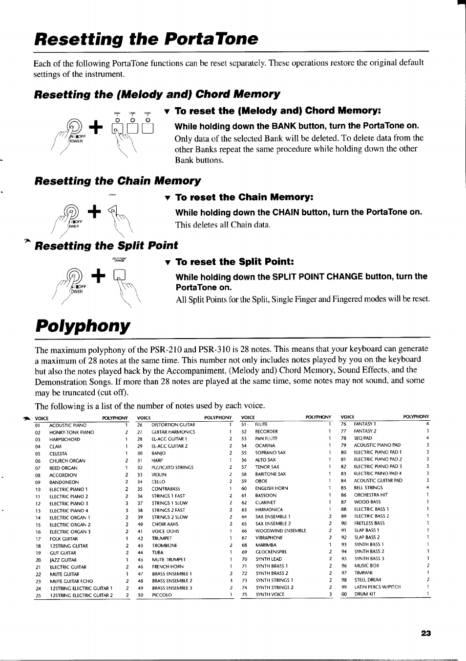 Resetting the portatone, Resetting the (melody and) chord memory, To reset the (melody and) chord memory | Resetting the chain memory, T to reset the chain memory, Resetting the split point, T to reset the split point, Polyphony | Yamaha PSR-310  EN User Manual | Page 25 / 40