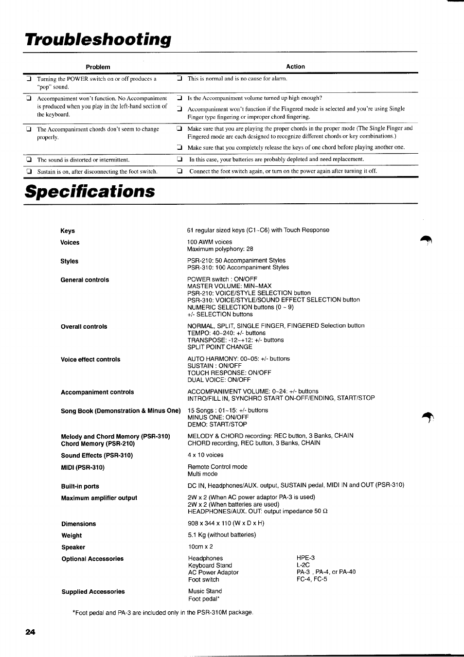 Troubleshooting, Specifica tiens | Yamaha PSR-310  EN User Manual | Page 26 / 40