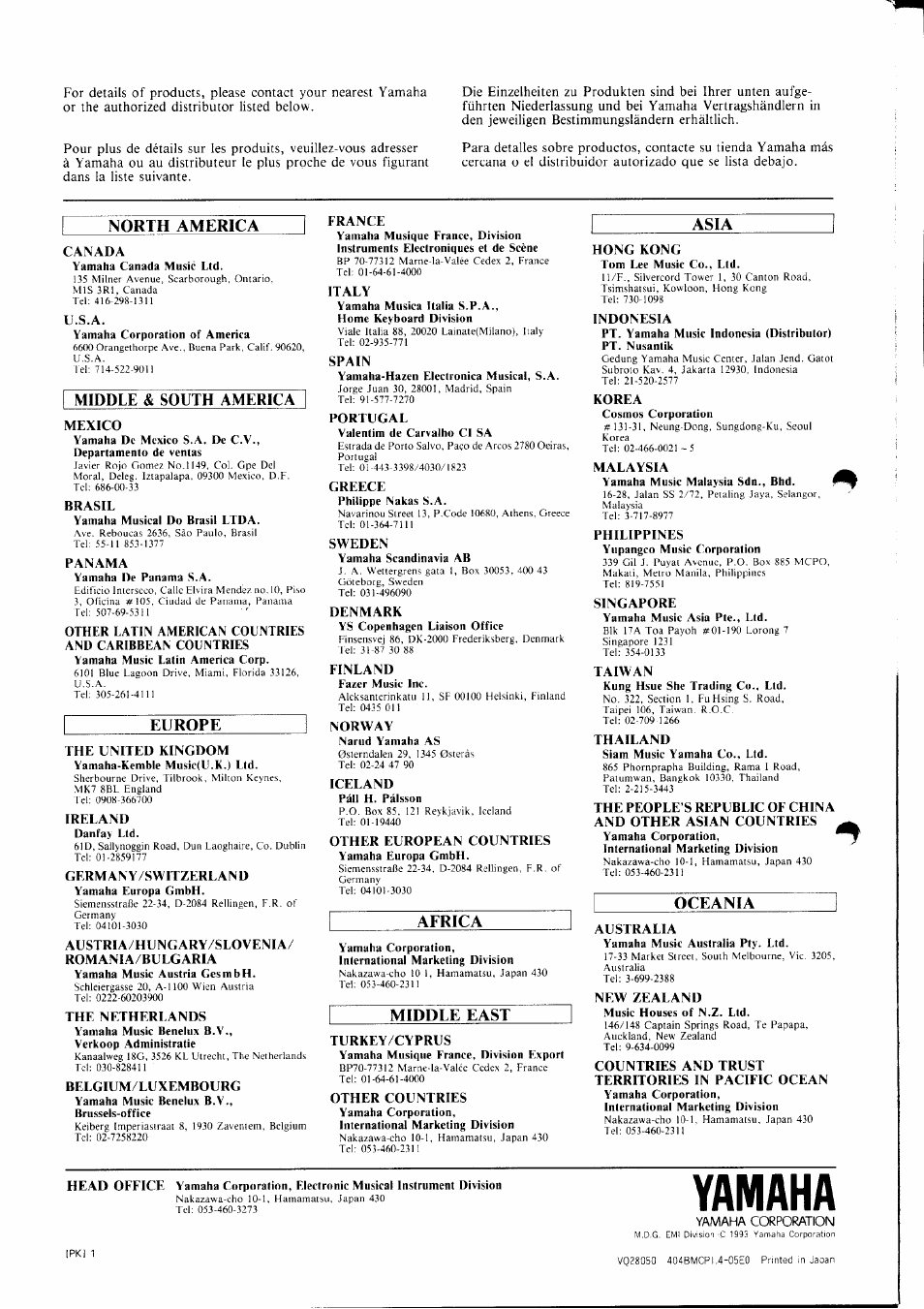 Yamaha, North america, Middle | South america, Europe, Asia africa, Middle east, Oceania | Yamaha PSR-310  EN User Manual | Page 40 / 40