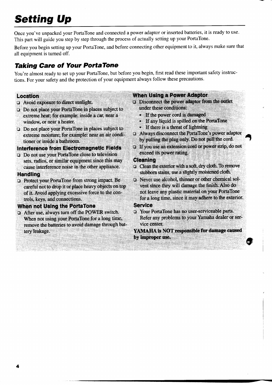 Setting up, Taking care of your portatone, Location | Interference from electromagnetic fields, Handling, When not using the portatone, When using a power adaptor, Cleaning | Yamaha PSR-310  EN User Manual | Page 6 / 40